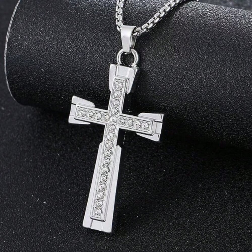 925 Sterling Silver Mens 24" 2ct Diamond Cross Necklace Guys Christian Jewelry